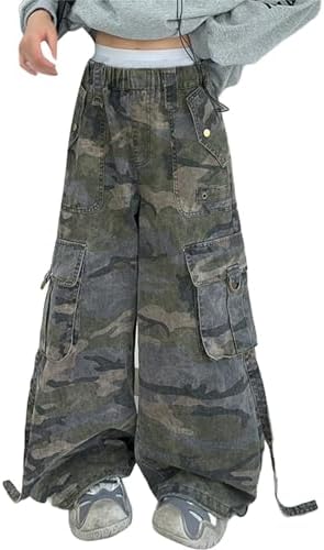 Girl's Camo Print Cargo Pants Flap Pocket Mid Waist Wide Leg